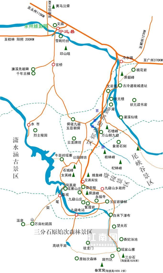 九疑山景点分布图,距桂林阳朔200km,距永州120km,距郴州130,距连州136