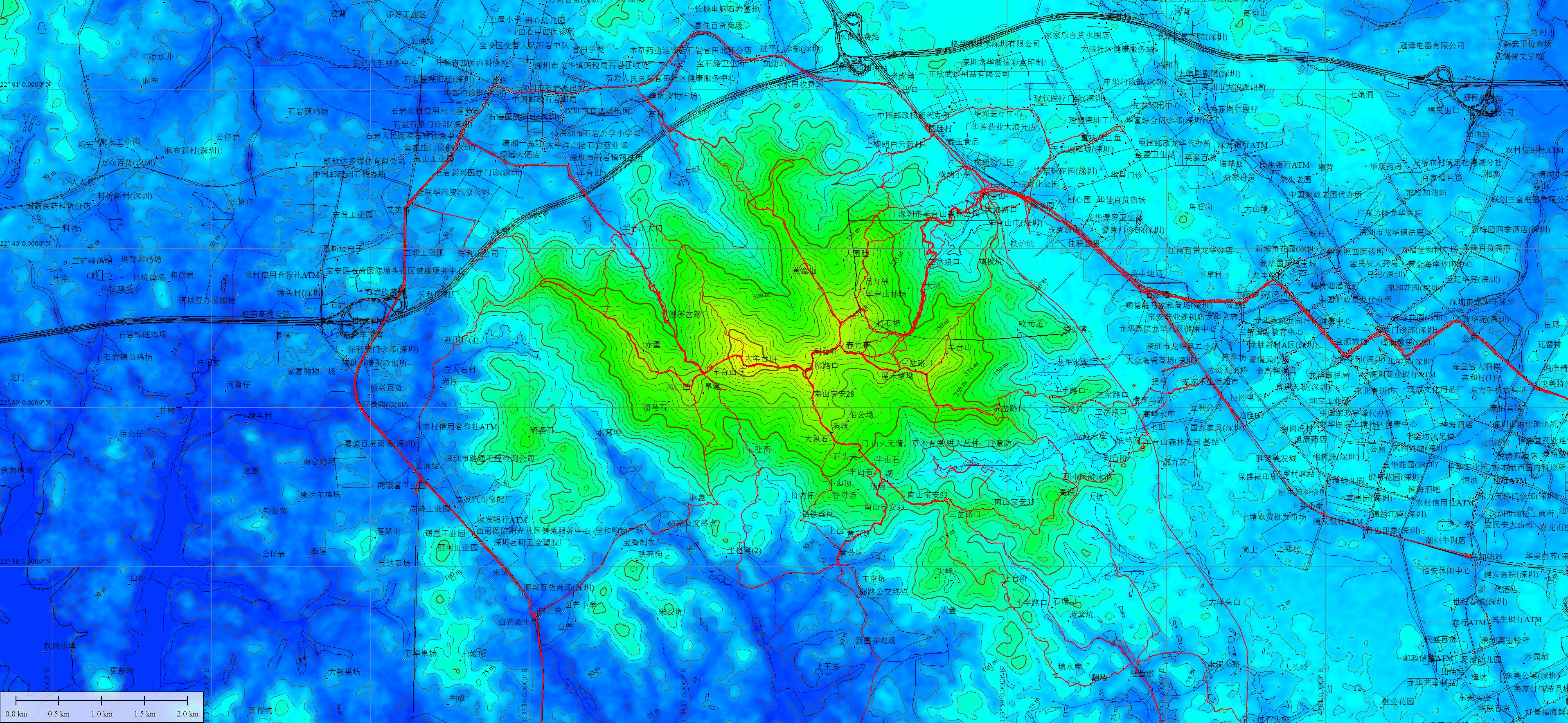 03深圳周边山野等高线地图gps轨迹